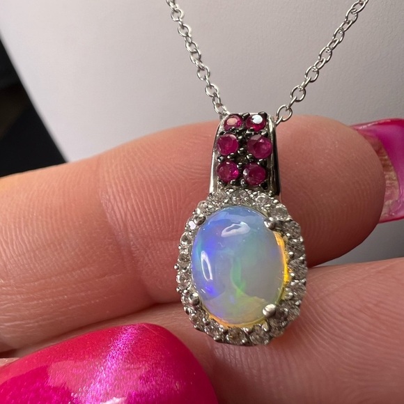 Ethiopian opal, ruby and zircon pendant and chain in platinum over sterling - Picture 5 of 14